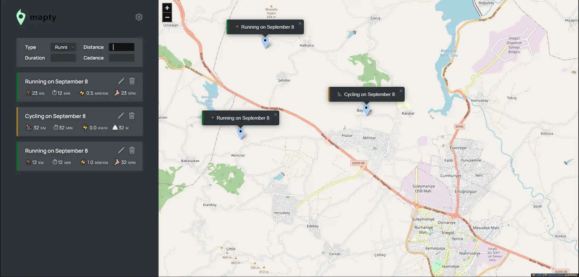Mapty application screenshot